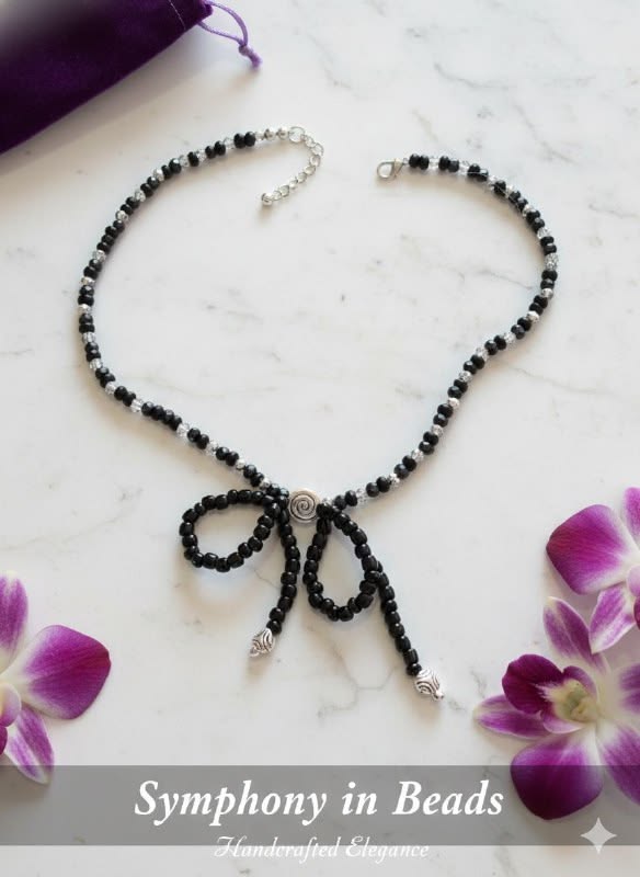 Black Beaded Bow Choker Necklace